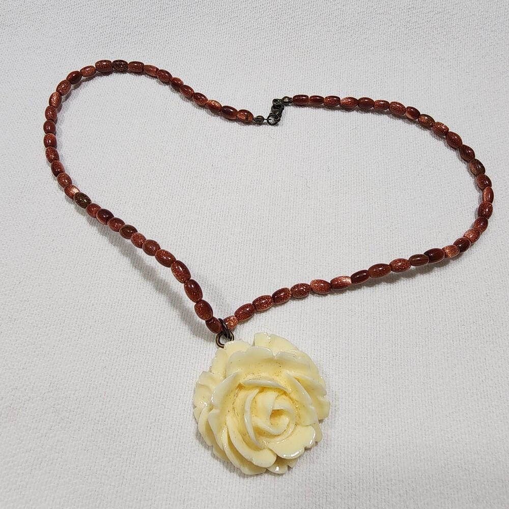 Carved Rose Celluloid Pendant Goldstone Oval Glass Bead Necklace 10" Vintage